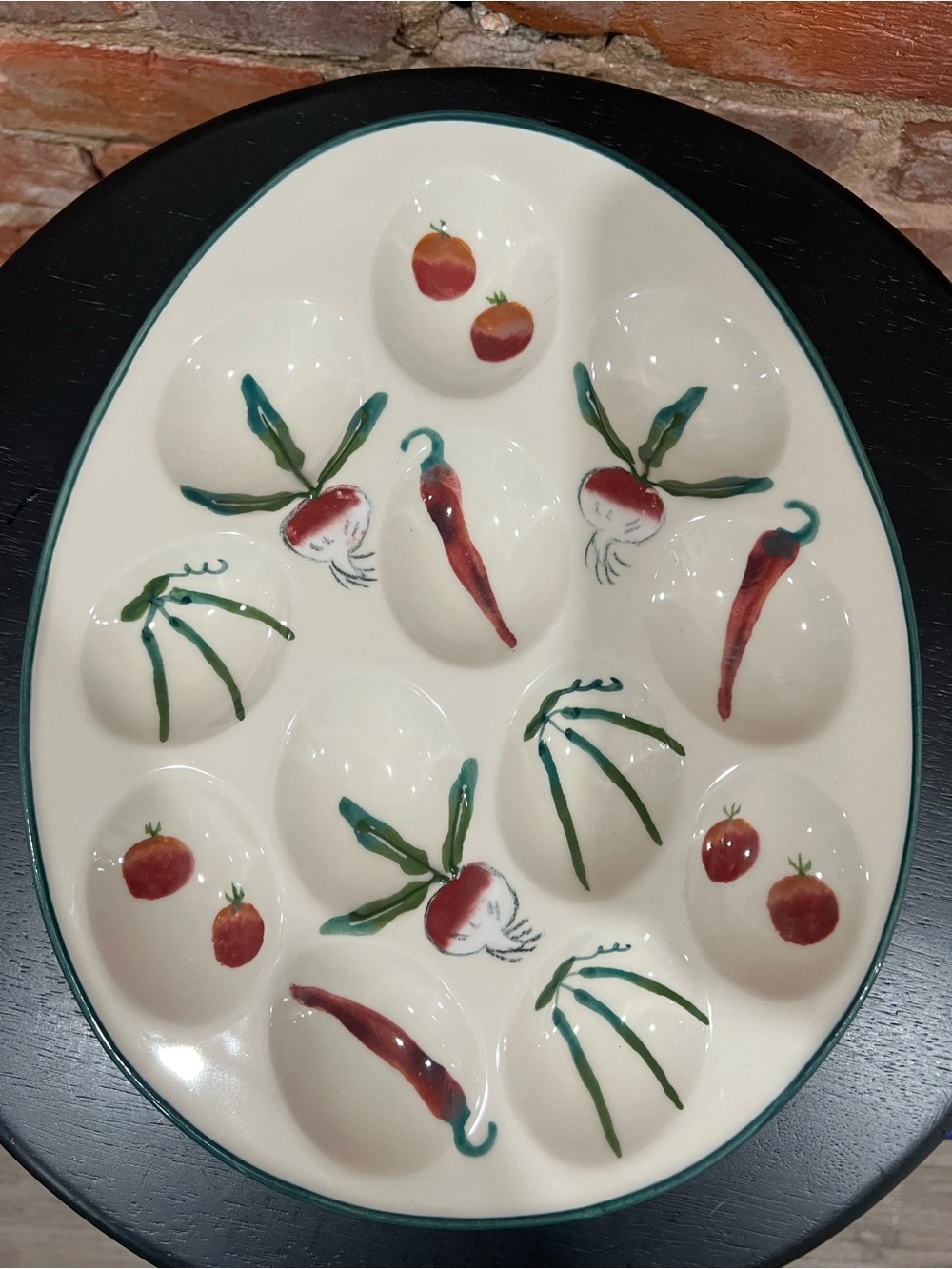 Vintage Hand-Painted Ceramic Egg Platter in Cream with Red Vegetable Motif